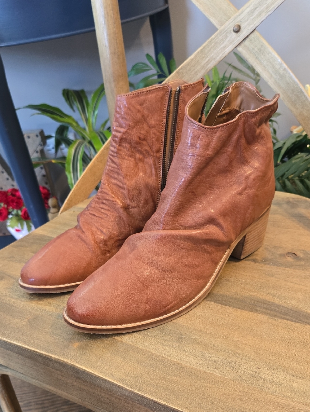 Women’s Tan Leather Ankle Booties with Side Zip